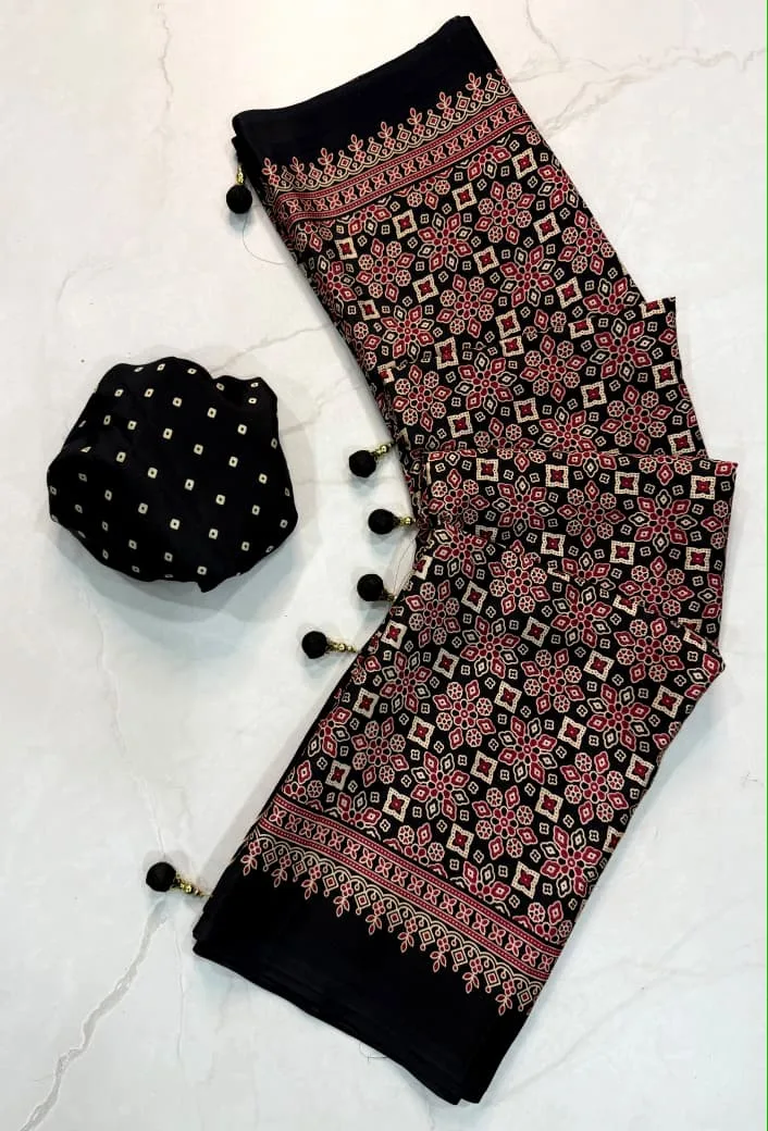 Tew Pure Creap Gajji Silk Ajrakh Printed Saree